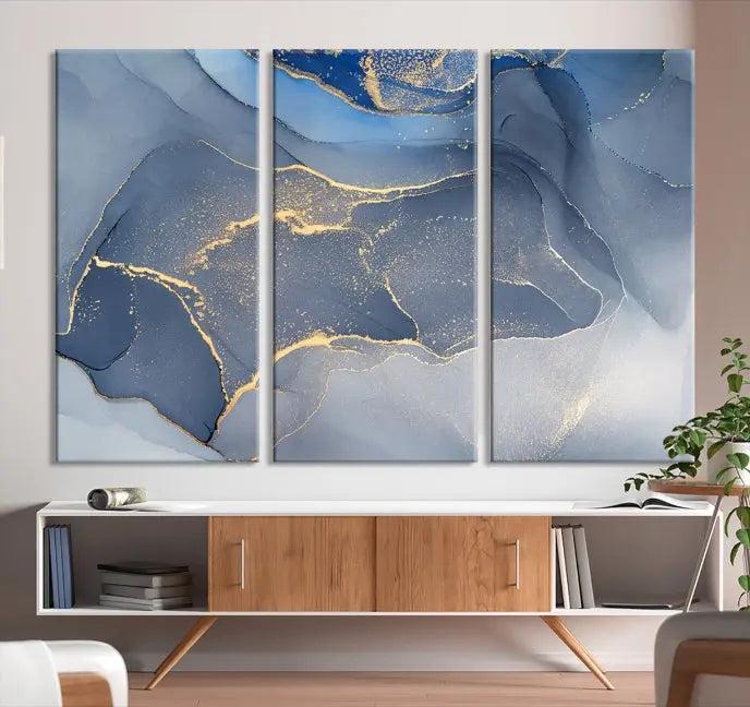 The Blue Wall Art Abstract Canvas Wall Art Print, with its striking blue and gold tones, adds an elegant touch to the room. Crafted on museum-quality canvas, this artwork is ideal for any stylish home. Enjoy the added benefit of free shipping right to your door!