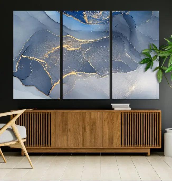 The Blue Wall Art Abstract Canvas Wall Art Print, with its striking blue and gold tones, adds an elegant touch to the room. Crafted on museum-quality canvas, this artwork is ideal for any stylish home. Enjoy the added benefit of free shipping right to your door!