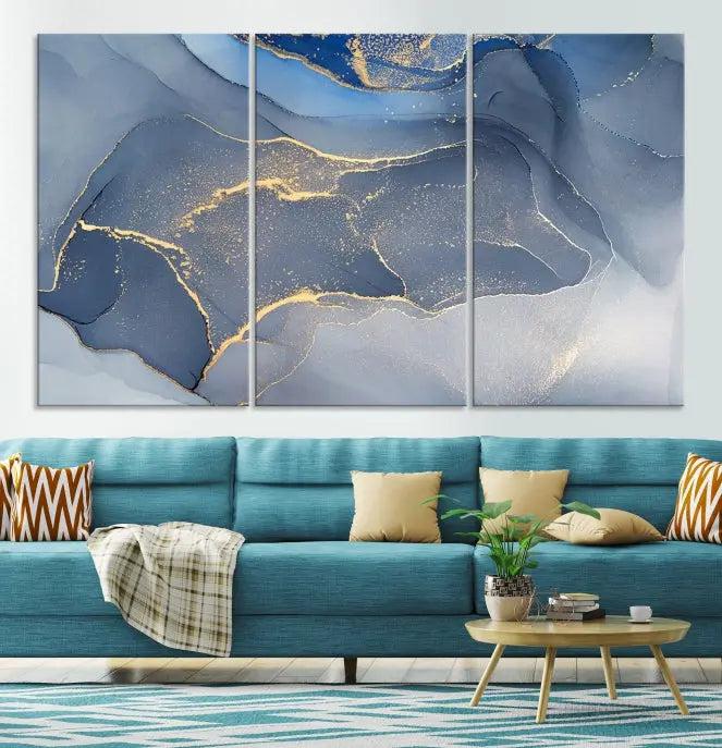 The Blue Wall Art Abstract Canvas Wall Art Print, with its striking blue and gold tones, adds an elegant touch to the room. Crafted on museum-quality canvas, this artwork is ideal for any stylish home. Enjoy the added benefit of free shipping right to your door!