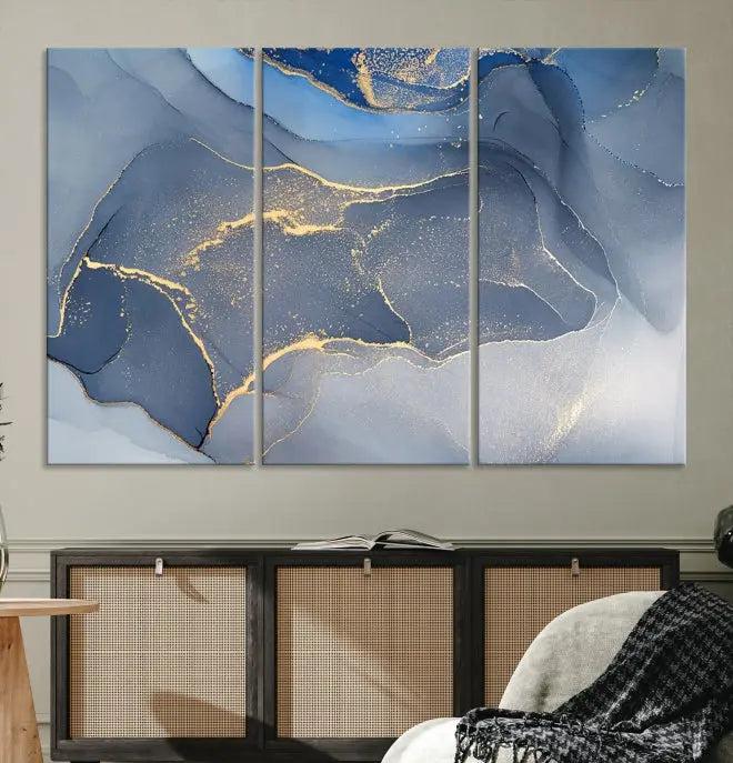 The Blue Wall Art Abstract Canvas Wall Art Print, with its striking blue and gold tones, adds an elegant touch to the room. Crafted on museum-quality canvas, this artwork is ideal for any stylish home. Enjoy the added benefit of free shipping right to your door!