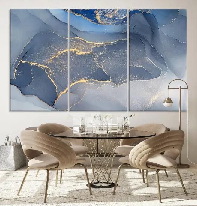 The Blue Wall Art Abstract Canvas Wall Art Print, with its striking blue and gold tones, adds an elegant touch to the room. Crafted on museum-quality canvas, this artwork is ideal for any stylish home. Enjoy the added benefit of free shipping right to your door!