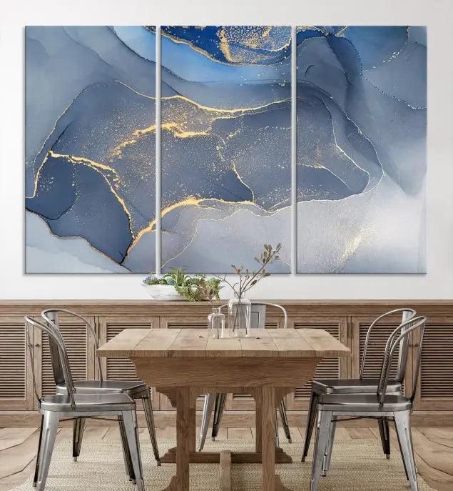 The Blue Wall Art Abstract Canvas Wall Art Print, with its striking blue and gold tones, adds an elegant touch to the room. Crafted on museum-quality canvas, this artwork is ideal for any stylish home. Enjoy the added benefit of free shipping right to your door!