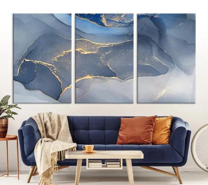 The Blue Wall Art Abstract Canvas Wall Art Print, with its striking blue and gold tones, adds an elegant touch to the room. Crafted on museum-quality canvas, this artwork is ideal for any stylish home. Enjoy the added benefit of free shipping right to your door!