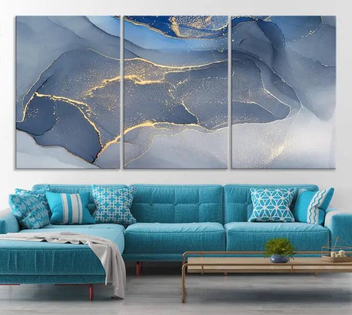 The Blue Wall Art Abstract Canvas Wall Art Print, with its striking blue and gold tones, adds an elegant touch to the room. Crafted on museum-quality canvas, this artwork is ideal for any stylish home. Enjoy the added benefit of free shipping right to your door!