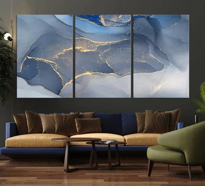 The Blue Wall Art Abstract Canvas Wall Art Print, with its striking blue and gold tones, adds an elegant touch to the room. Crafted on museum-quality canvas, this artwork is ideal for any stylish home. Enjoy the added benefit of free shipping right to your door!