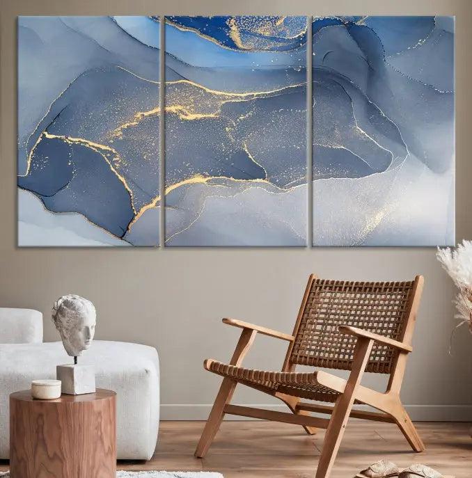 The Blue Wall Art Abstract Canvas Wall Art Print, with its striking blue and gold tones, adds an elegant touch to the room. Crafted on museum-quality canvas, this artwork is ideal for any stylish home. Enjoy the added benefit of free shipping right to your door!