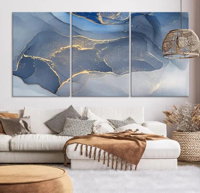 The Blue Wall Art Abstract Canvas Wall Art Print, with its striking blue and gold tones, adds an elegant touch to the room. Crafted on museum-quality canvas, this artwork is ideal for any stylish home. Enjoy the added benefit of free shipping right to your door!