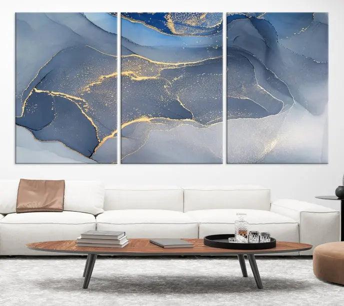 The Blue Wall Art Abstract Canvas Wall Art Print, with its striking blue and gold tones, adds an elegant touch to the room. Crafted on museum-quality canvas, this artwork is ideal for any stylish home. Enjoy the added benefit of free shipping right to your door!