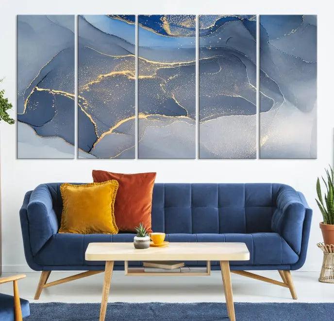 The Blue Wall Art Abstract Canvas Wall Art Print, with its striking blue and gold tones, adds an elegant touch to the room. Crafted on museum-quality canvas, this artwork is ideal for any stylish home. Enjoy the added benefit of free shipping right to your door!