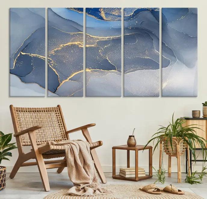 The Blue Wall Art Abstract Canvas Wall Art Print, with its striking blue and gold tones, adds an elegant touch to the room. Crafted on museum-quality canvas, this artwork is ideal for any stylish home. Enjoy the added benefit of free shipping right to your door!