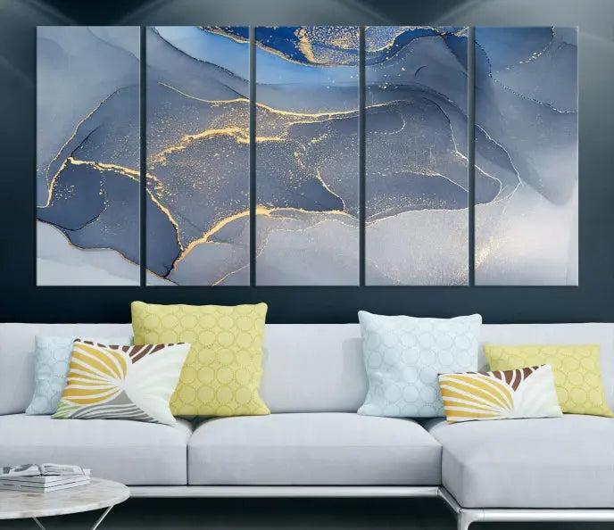 The Blue Wall Art Abstract Canvas Wall Art Print, with its striking blue and gold tones, adds an elegant touch to the room. Crafted on museum-quality canvas, this artwork is ideal for any stylish home. Enjoy the added benefit of free shipping right to your door!