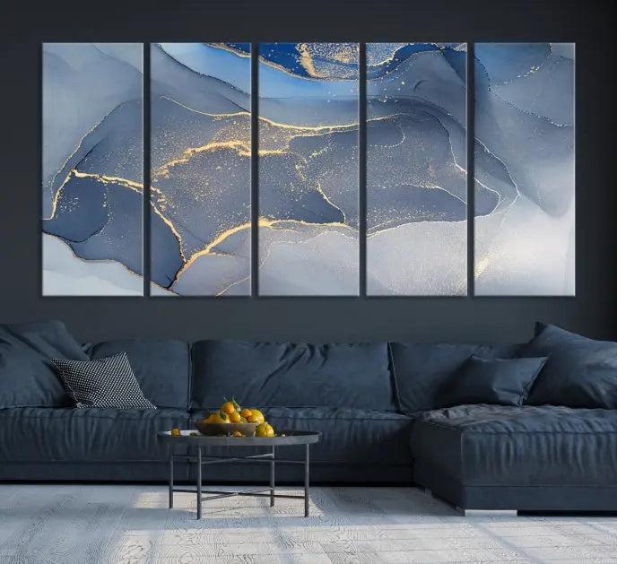 The Blue Wall Art Abstract Canvas Wall Art Print, with its striking blue and gold tones, adds an elegant touch to the room. Crafted on museum-quality canvas, this artwork is ideal for any stylish home. Enjoy the added benefit of free shipping right to your door!