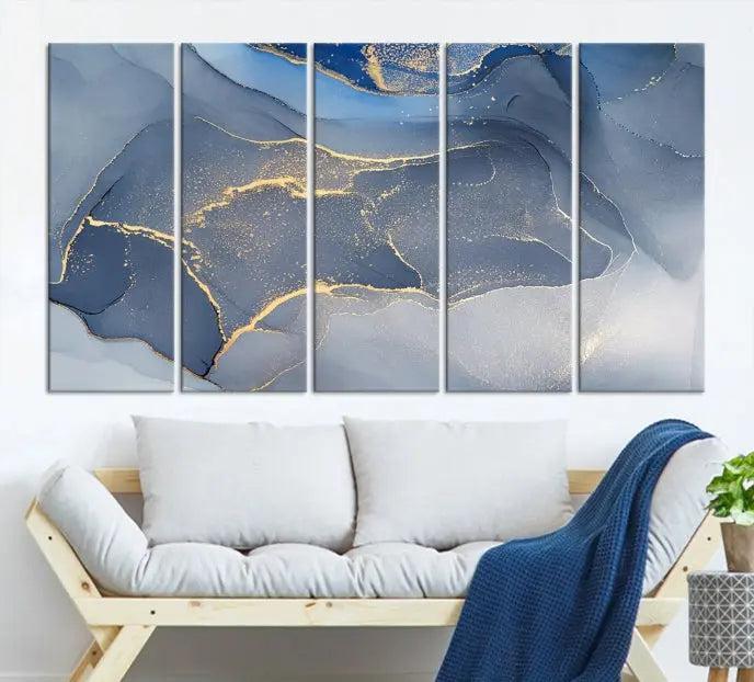 The Blue Wall Art Abstract Canvas Wall Art Print, with its striking blue and gold tones, adds an elegant touch to the room. Crafted on museum-quality canvas, this artwork is ideal for any stylish home. Enjoy the added benefit of free shipping right to your door!