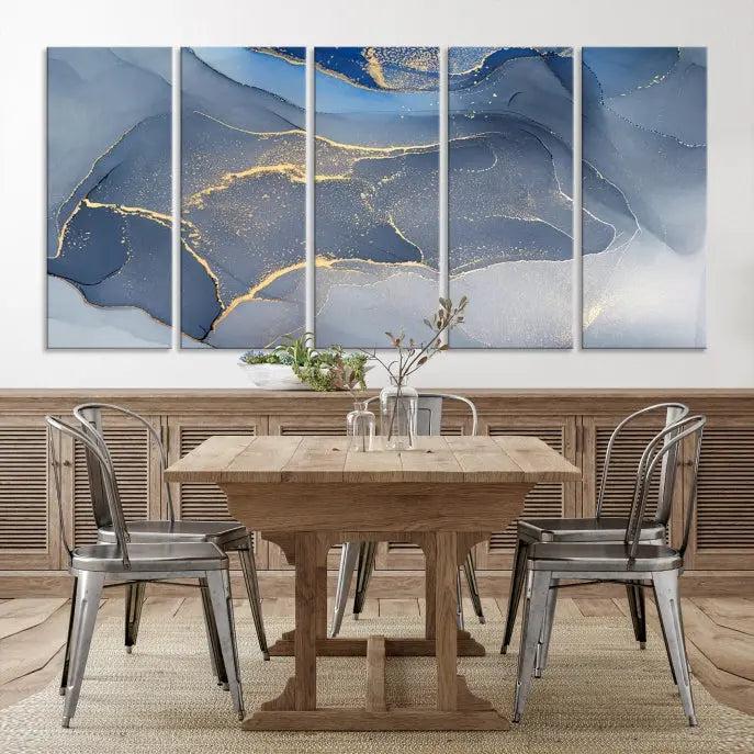 The Blue Wall Art Abstract Canvas Wall Art Print, with its striking blue and gold tones, adds an elegant touch to the room. Crafted on museum-quality canvas, this artwork is ideal for any stylish home. Enjoy the added benefit of free shipping right to your door!