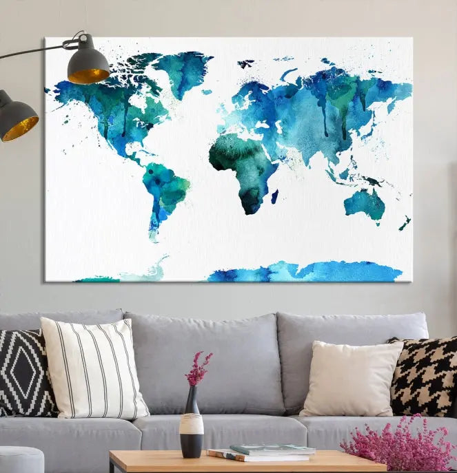 Blue Watercolor World Map Wall Art Canvas Print 