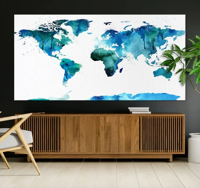 Blue Watercolor World Map Wall Art Canvas Print 