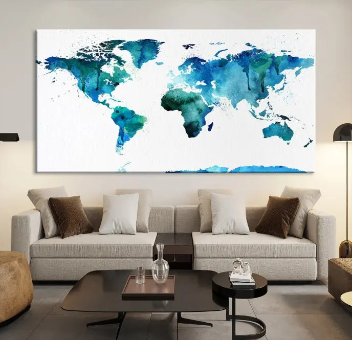 Blue Watercolor World Map Wall Art Canvas Print 