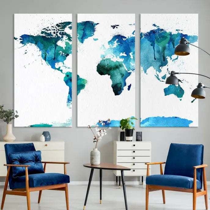 Blue Watercolor World Map Wall Art Canvas Print 