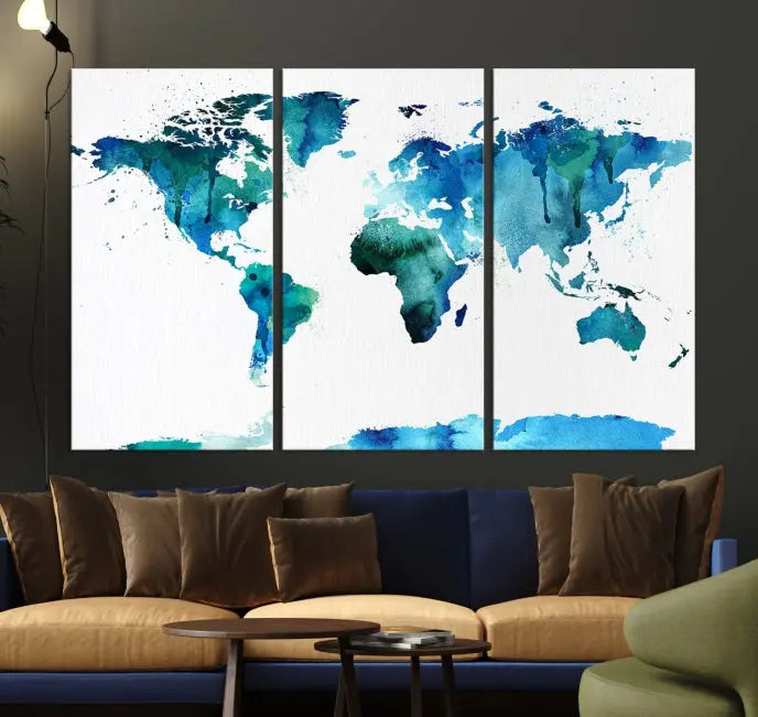 Blue Watercolor World Map Wall Art Canvas Print 