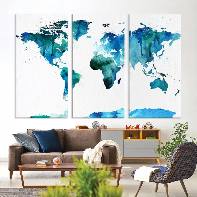 Blue Watercolor World Map Wall Art Canvas Print 