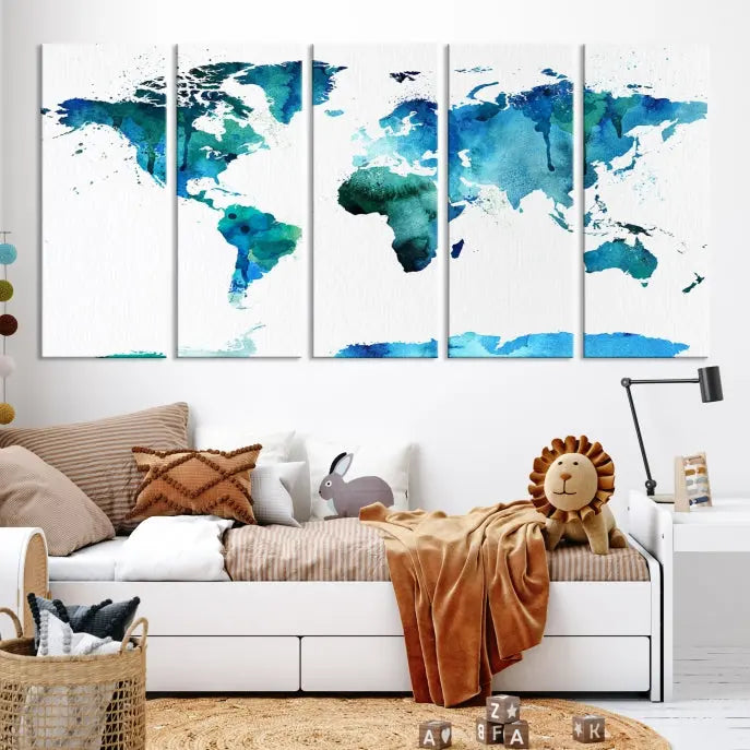 The Blue Watercolor World Map Wall Art Canvas Print features a multi-panel design in shades of blue and green, printed on museum-quality canvas with a UV-protective coating. It is ready to hang.