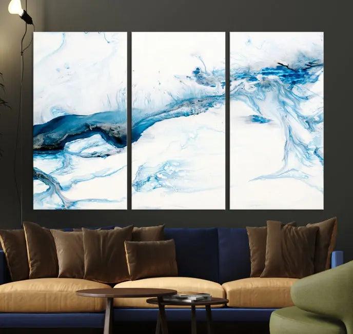 The living room features an eye-catching Blue White Marble Fluid Effect Wall Art Abstract Canvas Wall Art Print, professionally crafted on museum-quality canvas and adding a sophisticated touch to the dimly lit space.