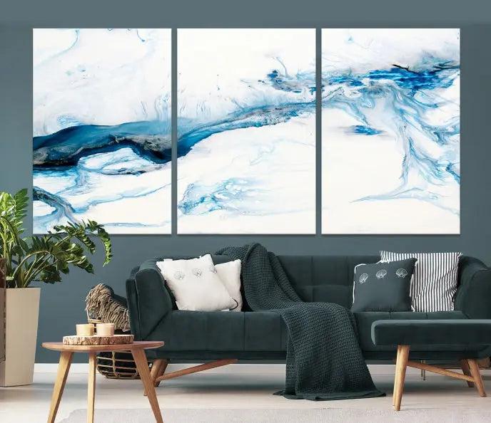 The living room features an eye-catching Blue White Marble Fluid Effect Wall Art Abstract Canvas Wall Art Print, professionally crafted on museum-quality canvas and adding a sophisticated touch to the dimly lit space.