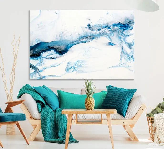 The living room features an eye-catching Blue White Marble Fluid Effect Wall Art Abstract Canvas Wall Art Print, professionally crafted on museum-quality canvas and adding a sophisticated touch to the dimly lit space.