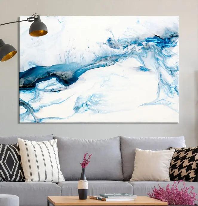 The living room features an eye-catching Blue White Marble Fluid Effect Wall Art Abstract Canvas Wall Art Print, professionally crafted on museum-quality canvas and adding a sophisticated touch to the dimly lit space.