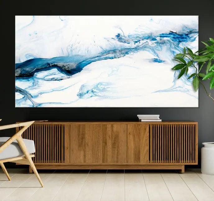 The living room features an eye-catching Blue White Marble Fluid Effect Wall Art Abstract Canvas Wall Art Print, professionally crafted on museum-quality canvas and adding a sophisticated touch to the dimly lit space.