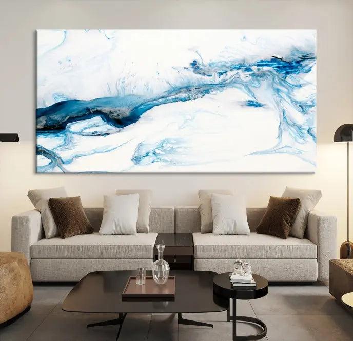 The living room features an eye-catching Blue White Marble Fluid Effect Wall Art Abstract Canvas Wall Art Print, professionally crafted on museum-quality canvas and adding a sophisticated touch to the dimly lit space.