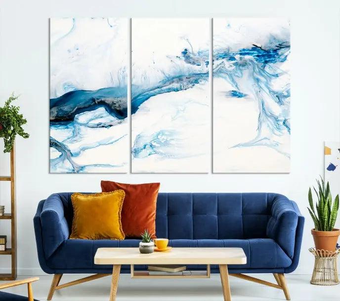 The living room features an eye-catching Blue White Marble Fluid Effect Wall Art Abstract Canvas Wall Art Print, professionally crafted on museum-quality canvas and adding a sophisticated touch to the dimly lit space.