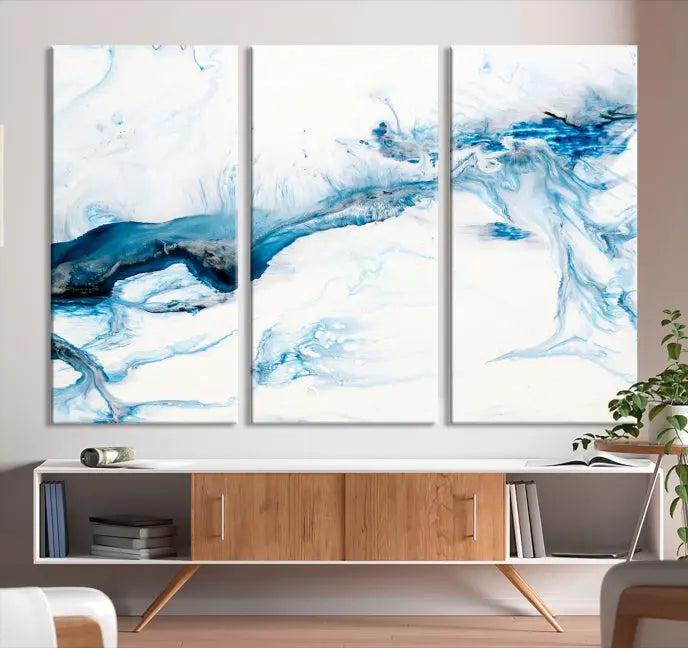 The living room features an eye-catching Blue White Marble Fluid Effect Wall Art Abstract Canvas Wall Art Print, professionally crafted on museum-quality canvas and adding a sophisticated touch to the dimly lit space.