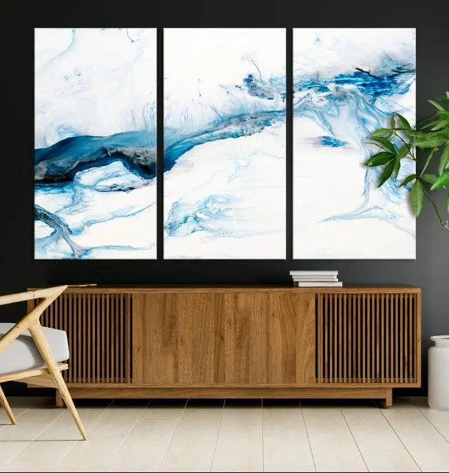 The living room features an eye-catching Blue White Marble Fluid Effect Wall Art Abstract Canvas Wall Art Print, professionally crafted on museum-quality canvas and adding a sophisticated touch to the dimly lit space.