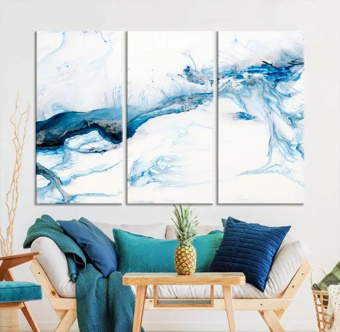 The living room features an eye-catching Blue White Marble Fluid Effect Wall Art Abstract Canvas Wall Art Print, professionally crafted on museum-quality canvas and adding a sophisticated touch to the dimly lit space.