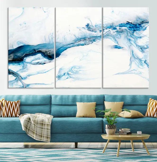 The living room features an eye-catching Blue White Marble Fluid Effect Wall Art Abstract Canvas Wall Art Print, professionally crafted on museum-quality canvas and adding a sophisticated touch to the dimly lit space.