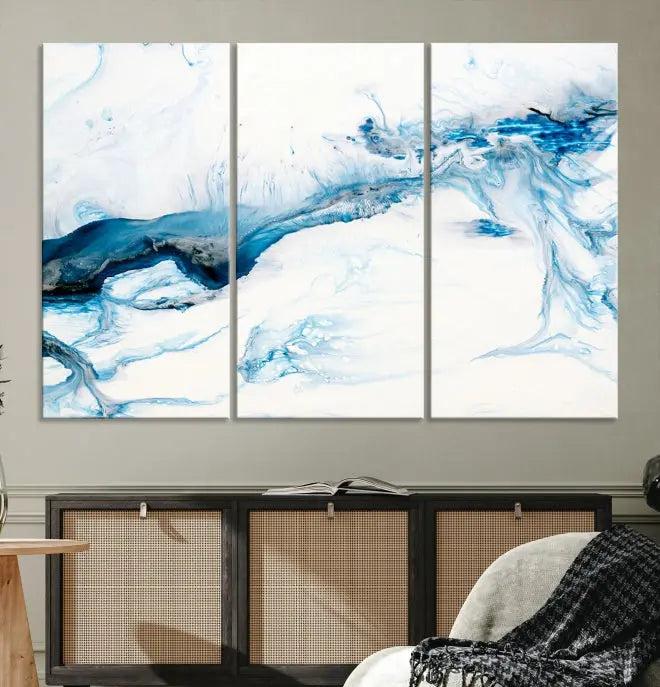 The living room features an eye-catching Blue White Marble Fluid Effect Wall Art Abstract Canvas Wall Art Print, professionally crafted on museum-quality canvas and adding a sophisticated touch to the dimly lit space.