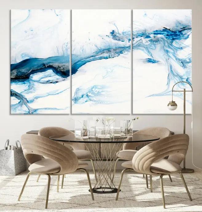 The living room features an eye-catching Blue White Marble Fluid Effect Wall Art Abstract Canvas Wall Art Print, professionally crafted on museum-quality canvas and adding a sophisticated touch to the dimly lit space.