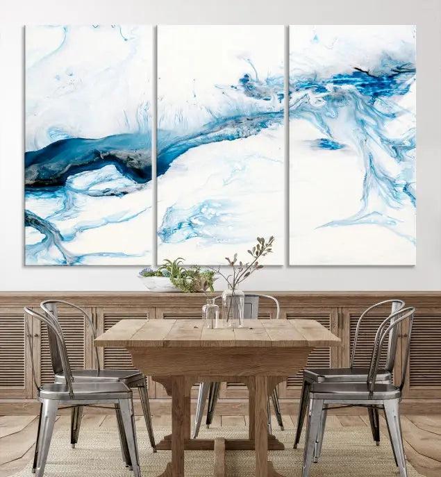 The living room features an eye-catching Blue White Marble Fluid Effect Wall Art Abstract Canvas Wall Art Print, professionally crafted on museum-quality canvas and adding a sophisticated touch to the dimly lit space.