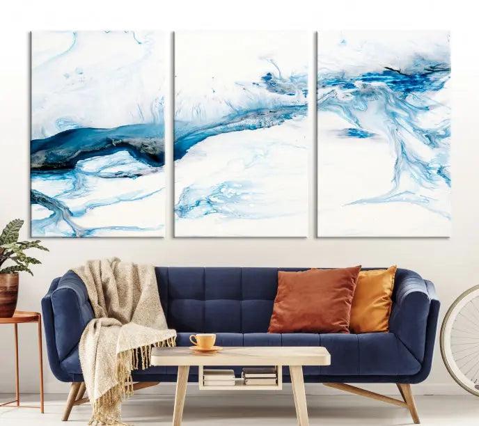 The living room features an eye-catching Blue White Marble Fluid Effect Wall Art Abstract Canvas Wall Art Print, professionally crafted on museum-quality canvas and adding a sophisticated touch to the dimly lit space.