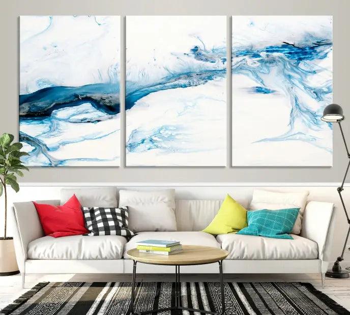 The living room features an eye-catching Blue White Marble Fluid Effect Wall Art Abstract Canvas Wall Art Print, professionally crafted on museum-quality canvas and adding a sophisticated touch to the dimly lit space.