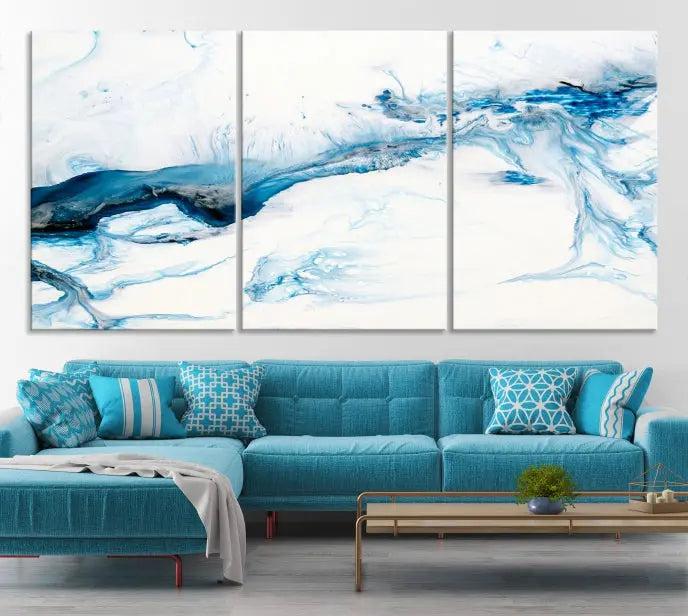 The living room features an eye-catching Blue White Marble Fluid Effect Wall Art Abstract Canvas Wall Art Print, professionally crafted on museum-quality canvas and adding a sophisticated touch to the dimly lit space.