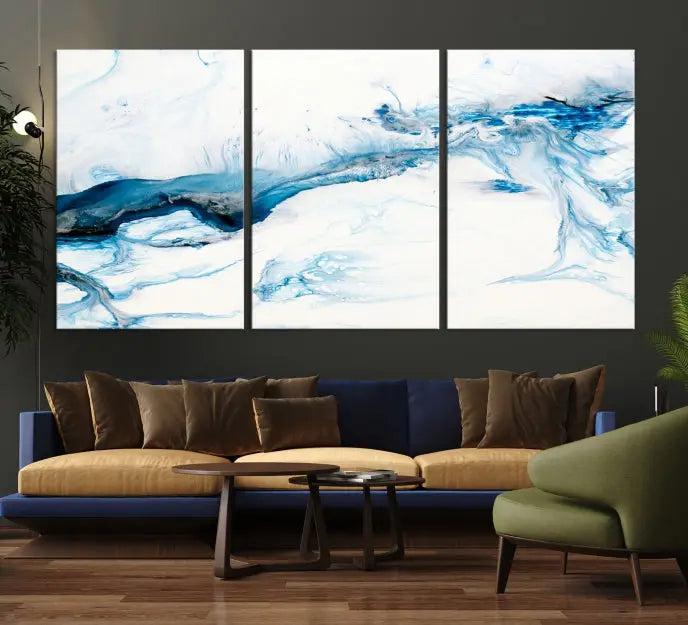 The living room features an eye-catching Blue White Marble Fluid Effect Wall Art Abstract Canvas Wall Art Print, professionally crafted on museum-quality canvas and adding a sophisticated touch to the dimly lit space.