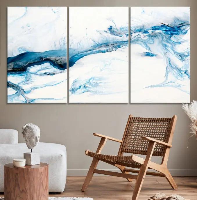 The living room features an eye-catching Blue White Marble Fluid Effect Wall Art Abstract Canvas Wall Art Print, professionally crafted on museum-quality canvas and adding a sophisticated touch to the dimly lit space.