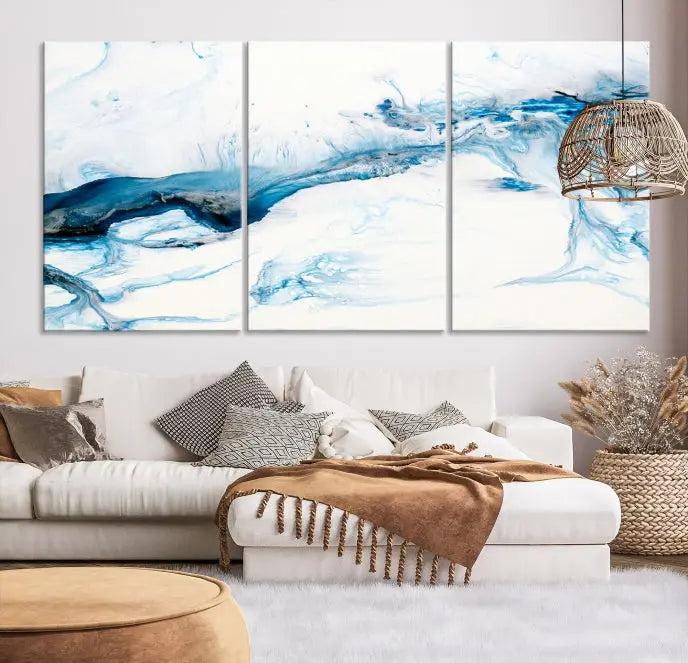 The living room features an eye-catching Blue White Marble Fluid Effect Wall Art Abstract Canvas Wall Art Print, professionally crafted on museum-quality canvas and adding a sophisticated touch to the dimly lit space.