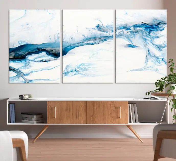 The living room features an eye-catching Blue White Marble Fluid Effect Wall Art Abstract Canvas Wall Art Print, professionally crafted on museum-quality canvas and adding a sophisticated touch to the dimly lit space.