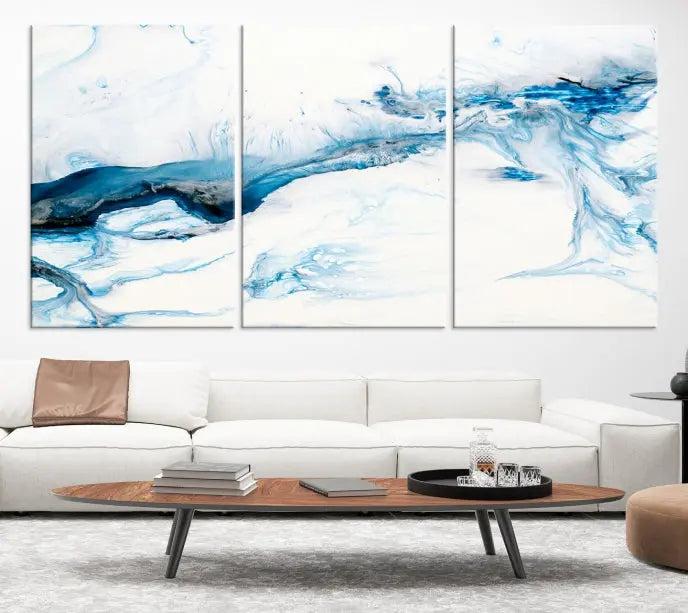 The living room features an eye-catching Blue White Marble Fluid Effect Wall Art Abstract Canvas Wall Art Print, professionally crafted on museum-quality canvas and adding a sophisticated touch to the dimly lit space.