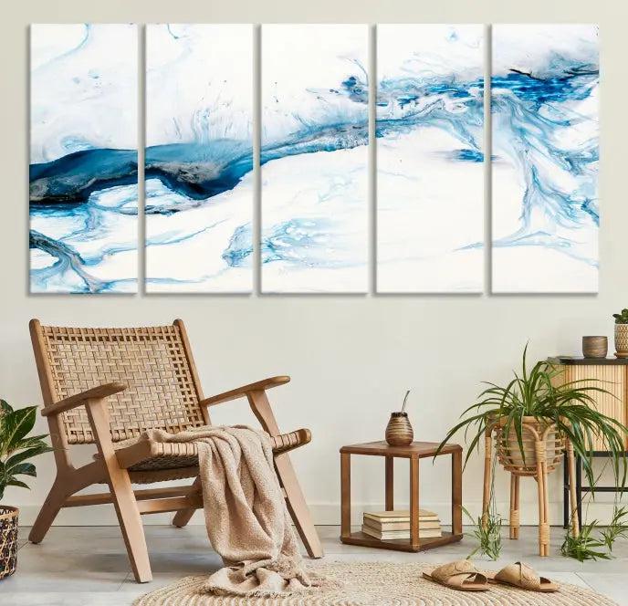 The living room features an eye-catching Blue White Marble Fluid Effect Wall Art Abstract Canvas Wall Art Print, professionally crafted on museum-quality canvas and adding a sophisticated touch to the dimly lit space.