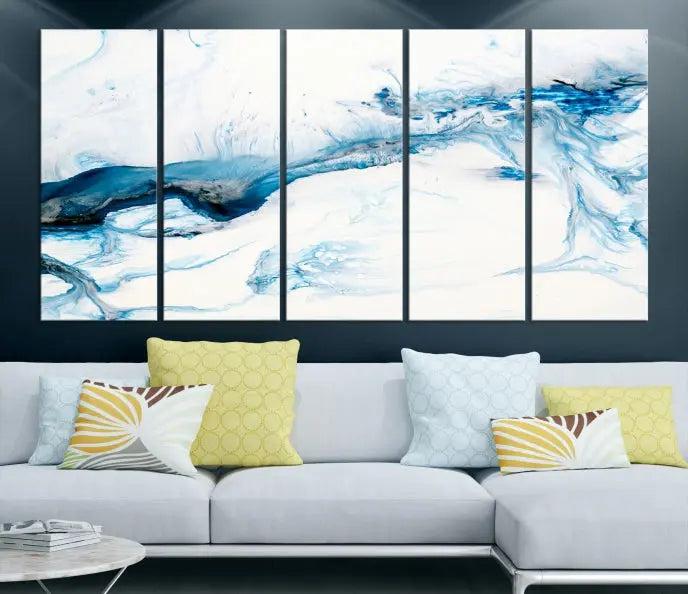 The living room features an eye-catching Blue White Marble Fluid Effect Wall Art Abstract Canvas Wall Art Print, professionally crafted on museum-quality canvas and adding a sophisticated touch to the dimly lit space.