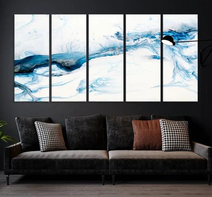 The living room features an eye-catching Blue White Marble Fluid Effect Wall Art Abstract Canvas Wall Art Print, professionally crafted on museum-quality canvas and adding a sophisticated touch to the dimly lit space.